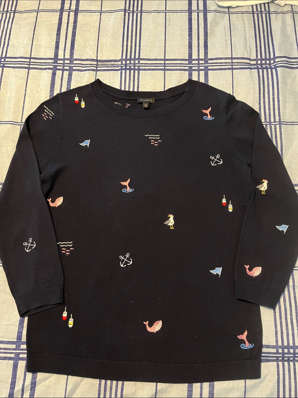 Talbots Navy Nautical Embroidered Crewneck Sweater